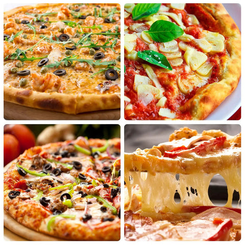 Collage of various pizzas with toppings on 16 inch perforated pizza pan with holes for oven, heavy duty aluminum baking tray.
