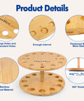 360 Degree Rotating Bamboo Fishing Rod Holder Floor Stand showing 12 rod capacity, detailed features and wood material.