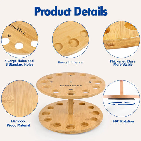 360 Degree Rotating Bamboo Fishing Rod Holder Floor Stand showing 12 rod capacity, detailed features and wood material.