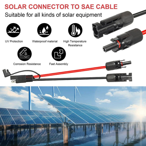 Beefed-Up Heavy Duty 20 Feet 10AWG Solar Panel To SAE Adapter Cable For RV And Caravan with red and black connectors, solar panels