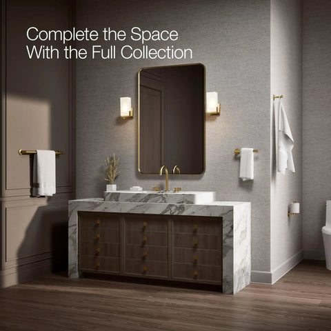 Bathroom with vertical toilet paper holder for easy access, matches components faucets and accessories, sleek wall mount