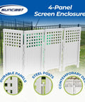 4-Panel Outdoor Screen Enclosure Freestanding Wicker Resin Privacy Screen With Reversible Hinged Panels, white lattice style