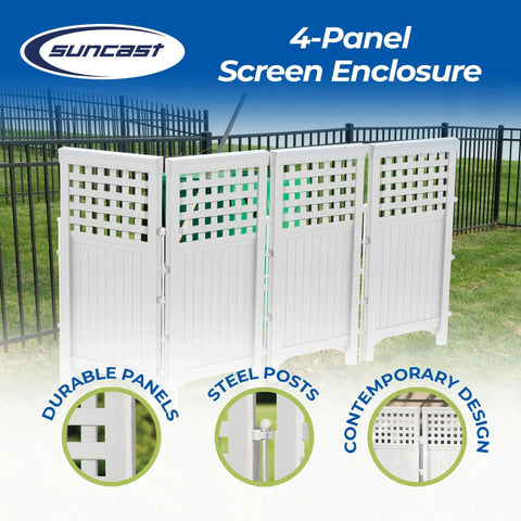 4-Panel Outdoor Screen Enclosure Freestanding Wicker Resin Privacy Screen With Reversible Hinged Panels, white lattice style