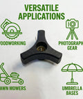 Five Pack Black Plastic Knobs With Brass Inserts For Quarter Inch By Twenty Threaded Through Hole Two Inch Diameter And One Inch Tall Beefy Heavy Duty Clamp Knobs For Lawn Mowers Saws Drills Lathes T Rail Bolts And More shown with versatile applications icons