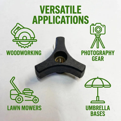 Black Plastic Knob with 3/8-16 Three-Prong Wing Nut, 2 Inch Diameter Brass Insert, heavy duty thermoplastic, versatile uses