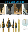 All In One Pro Grade Woodworking Drill Bit Set With Step Drill Bits Punch shown drilling wood, steel, copper, aluminum surfaces.