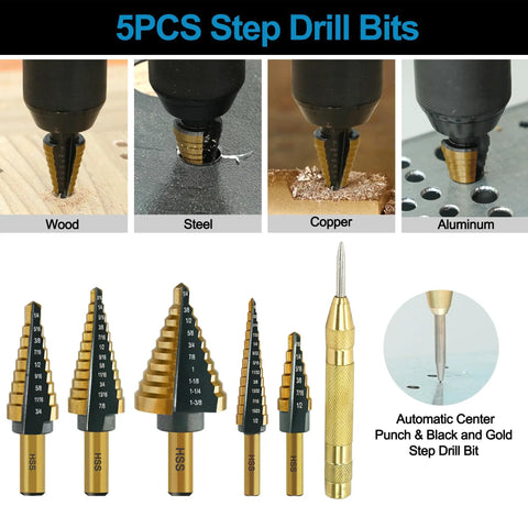 All In One Pro Grade Woodworking Drill Bit Set With Step Drill Bits Punch shown drilling wood, steel, copper, aluminum surfaces.