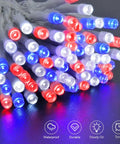 Close-up of Red White and Blue Battery Operated Outdoor Lights With Timer About Ten Feet Long 30 LED Waterproof For Fourth Of July