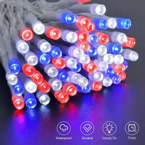 Close-up of Red White and Blue Battery Operated Outdoor Lights With Timer About Ten Feet Long 30 LED Waterproof For Fourth Of July