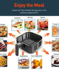 Replacement 5.8 Quart Air Fryer Basket For CP158 AF CS158 AF CO158 AF Models Nonstick dishwasher-safe showcasing food types