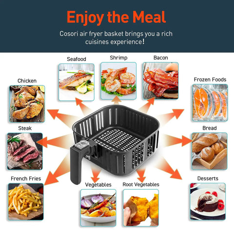 Replacement 5.8 Quart Air Fryer Basket For CP158 AF CS158 AF CO158 AF Models Nonstick dishwasher-safe showcasing food types