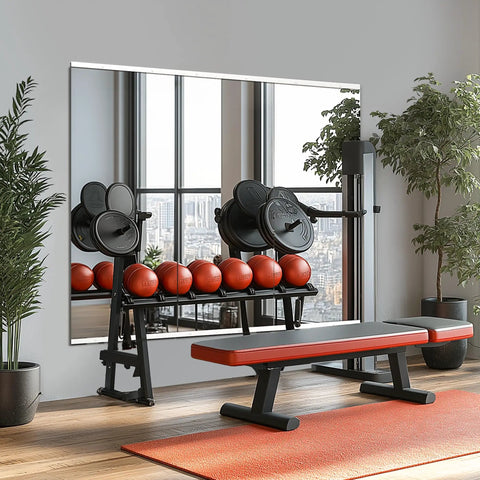 Wall Mounted Full Length Gym Mirror Set, 3-Piece 48 By 24 Inch Frameless Glass Body Mirror For Home Gym, showing bench and plants.