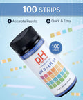 Bottle of pH Test Strips 0 to 14, 100 Universal Litmus Paper for Quick pH Checks in Liquid Water Food Urine and Saliva displayed