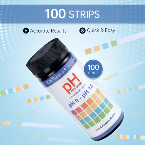 Bottle of pH Test Strips 0 to 14, 100 Universal Litmus Paper for Quick pH Checks in Liquid Water Food Urine and Saliva displayed