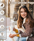 Woman holding 8 Oz Disposable Paper Coffee Cups, 100 Count, Leakproof White Cups For Hot Or Cold Drinks outdoors
