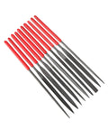 Ten Piece Needle File Set With Pro Grade Hardened Alloy Steel Mini Files Including Tapered Round Half Round Barrette Crossing Knife Warding Square Three Square Five And A Half Inch Length Dipped Handles And Dust Free PVC Pouch For Easy Metal Shaping