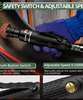 Safety switch and adjustable speed details of Shop Ready Heavy Duty Air Tire Buffer Kit Includes 2500 Rpm Pneumatic Grinder