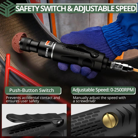 Safety switch and adjustable speed details of Shop Ready Heavy Duty Air Tire Buffer Kit Includes 2500 Rpm Pneumatic Grinder