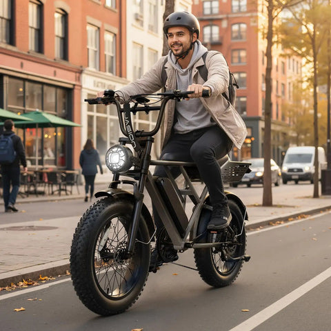 Man riding Fat Tire Electric Bike For Adults With 3000W Peak Motor 38 MPH Top Speed And 90 Mile Range on city street.