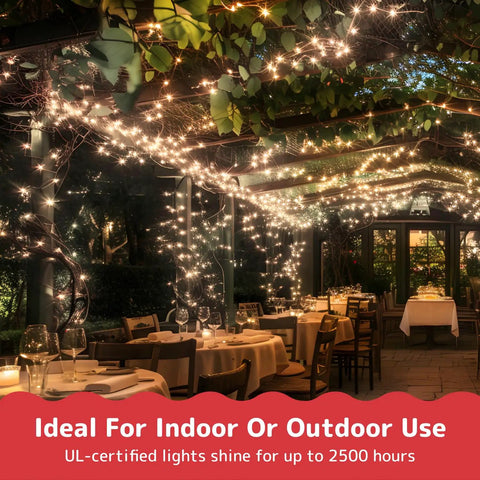Outdoor patio illuminated by Ultra Bright White Christmas Lights 100-Count, 20 Ft Clear Wire String Lights, Incandescent Xmas Tree Lights