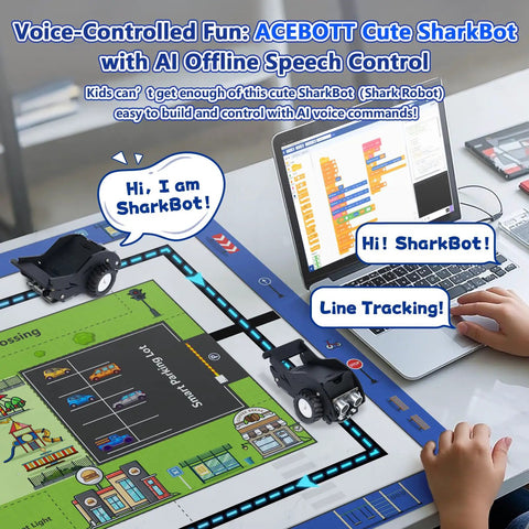 SharkBot Smart Car Kit With Offline Voice Control ESP32 Coding Robot For Kids Age 8 To 12 Supports Arduino ACECode And Classroom Home Education Gift For Boys And Girls Totally Kid Friendly With I2C Ports Servo Extensions And RGB Lights
