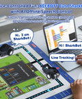 SharkBot 2 In 1 Intelligent Transportation Kit For Arduino And Scratch Smart Robot Car Kit Kid Friendly STEM Coding Toy For Classroom And Home Education ESP32 Powered Hands On Learning For Kids And Teens. line-tracking robot on smart city mat with laptop