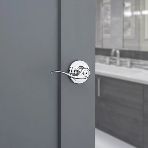 Interior Privacy Door Handle With Lock Lever For Bedroom And Bathroom In Polished Chrome Reversible Keyless Turn Lock Easy DIY Install Fits Left Or Right Swing Perfect For Privacy And Convenience on door in modern bathroom