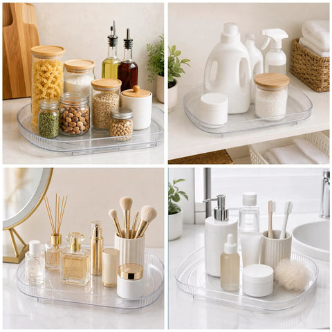 Slick Rectangular Lazy Susan Turntable For Refrigerator And Pantry With Smooth Spin Base That Glides Like Butter holding jars and bottles.