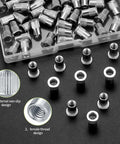 Heavy Duty M5 Rivet Nut Kit with knurled grip, showing stainless steel threaded inserts and close-up of designs.