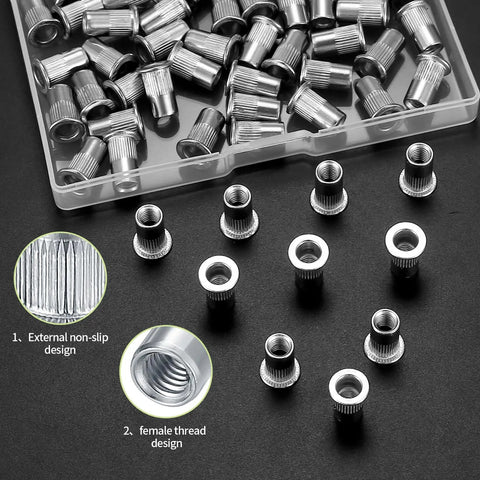 Heavy Duty M5 Rivet Nut Kit with knurled grip, showing stainless steel threaded inserts and close-up of designs.