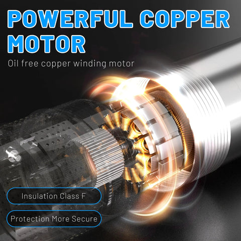 Close-up of powerful copper motor inside a heavy-duty submersible water pump, featuring oil-free winding and secure insulation for durability.
