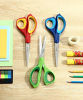Left Handed 8.5 Inch Heavy Duty Scissors 3 Pack, all-purpose craft scissors with stainless steel blades on a wood desk