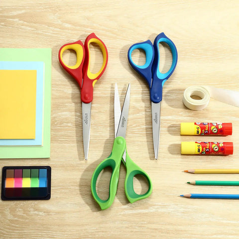 Left Handed 8.5 Inch Heavy Duty Scissors 3 Pack, all-purpose craft scissors with stainless steel blades on a wood desk