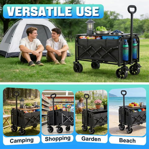 500 Pound All Terrain Collapsible Wagon With Foldable Table Built Tough Heavy Duty Cart displayed at campsite and for various activities