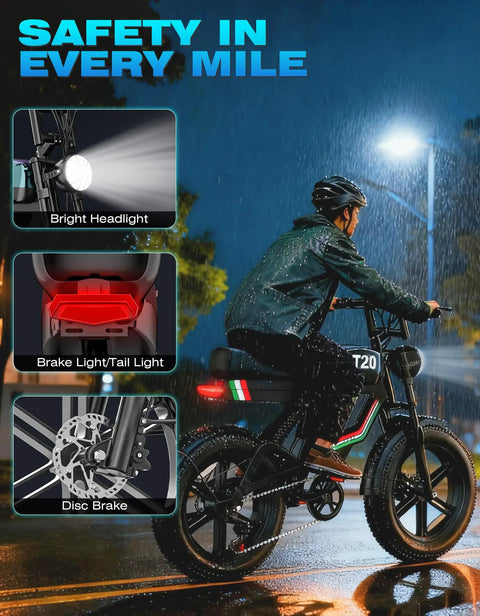 Rider on Electric Mountain Bike For Adults With A Beastly 1500W Peak Motor, 28 MPH Top Speed, 65 Mile Range in rain at night