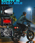 Electric Mountain Ebike For Adults With 1500W Peak Motor, 25 MPH Top Speed riding in rain with headlights and disc brakes visible