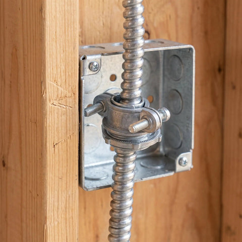 Heavy Duty 4 Set 3/4 Inch Cable Connectors For Electrical Conduit Fittings with threaded wire clamps mounted on a wooden wall.