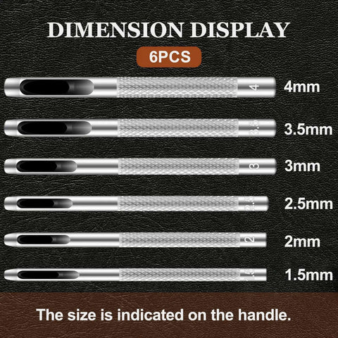 6 Piece Hollow Leather Hole Punch Set With 1.5mm To 4mm Sizes shown, carbon steel, for belts, felt, gaskets, leather crafts.