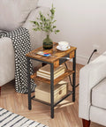 Space Saver Side Table With Built In Charging Station And USB Type C Port 3 Tier Nightstand Rustic Brown Finish living room
