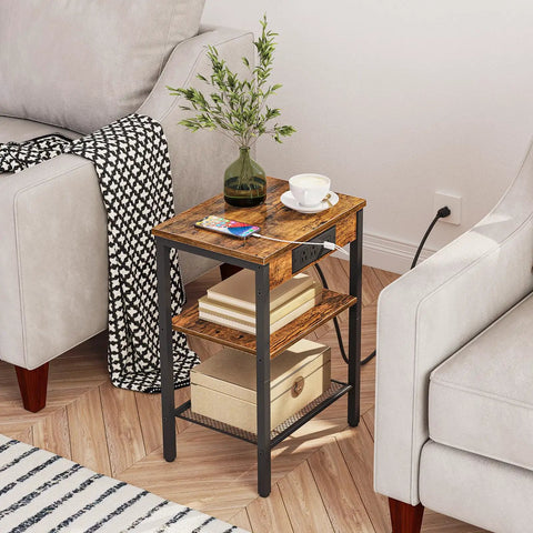 Space Saver Side Table With Built In Charging Station And USB Type C Port 3 Tier Nightstand Rustic Brown Finish living room