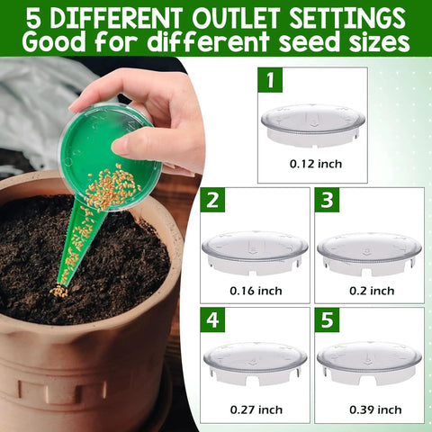 Hand using 7 Piece Seed Spreader Set With Twelve Hole Dibber Upgraded 2025 Mini Seed Dispenser with 5 outlets for even sowing