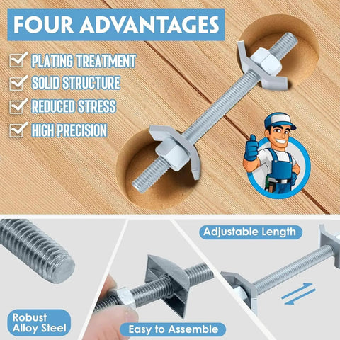 DIY Friendly Countertop Miter Bolt Kit 5 Pack M8x100mm Draw Bolt Connector For Butcher Block Furniture Joints And Table Top Hardware Zip Bolt Fastener With Hex Nuts And Washers features advantages like plating treatment, solid structure, reduced stress, and high precision displayed with illustrated mascot.
