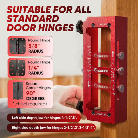 Front view of Heavy Duty Aluminum Alloy Door Hinge Jig And Deep Hole Pencil Set for 2.5 to 5 inch doors, red frame, adjustable template on wooden door.