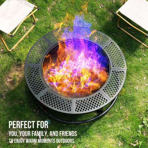 36 Inch Round Metal Fire Pit With Grill For Outdoor Yards And Patios, 3 In 1 Fire Pit Table on grass with colorful flames
