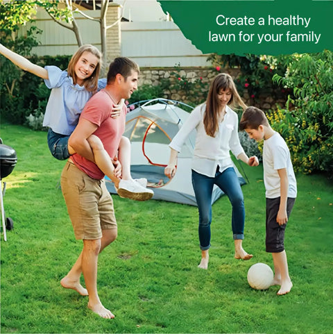 Family enjoying yard with Lawn Aerator Shoes With Hook And Loop Straps Heavy Duty Spiked Sandals for Lawn Aeration in the background