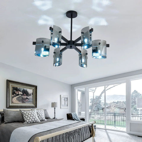 Six Light Black Glass Chandelier Pendant Lighting Mid Century Ceiling Fixture For Living Room Dining Room Kitchen Bedroom Farmhouse Home Decor Modern Retro Vibe Ceiling Light in modern bedroom setting.