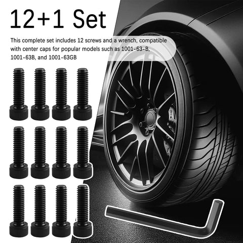 Fuel Wheel Center Cap Screws Replacement Kit With Hex Wrench, Corrosion Proof Thread Locking Bolts For 1001-63B Models, 12 black bolts set.
