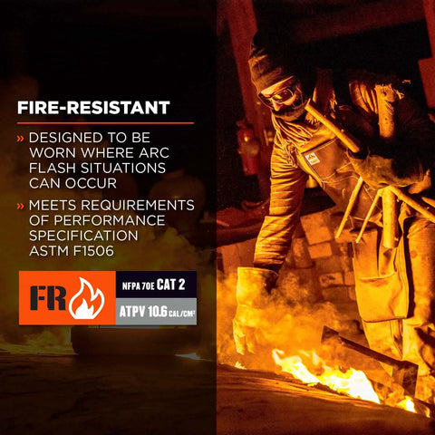 Worker in FR Rated Balaclava For Winter Work Cold Weather Face Mask With Fire Resistant Modacrylic Fleece, managing flames.