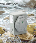 Pre Drilled 50 Amp Generator Inlet Box With Nema Ss2 50P Socket on wet stones, showcasing waterproof design and outdoor use.