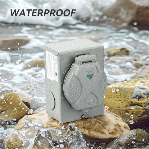 Pre Drilled 50 Amp Generator Inlet Box With Nema Ss2 50P Socket on wet stones, showcasing waterproof design and outdoor use.
